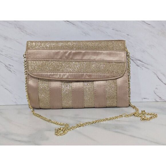 Nine West Women's Gold Metallic Striped Rectangular Gold Chain Shoulder Bag NWT - Picture 1 of 6